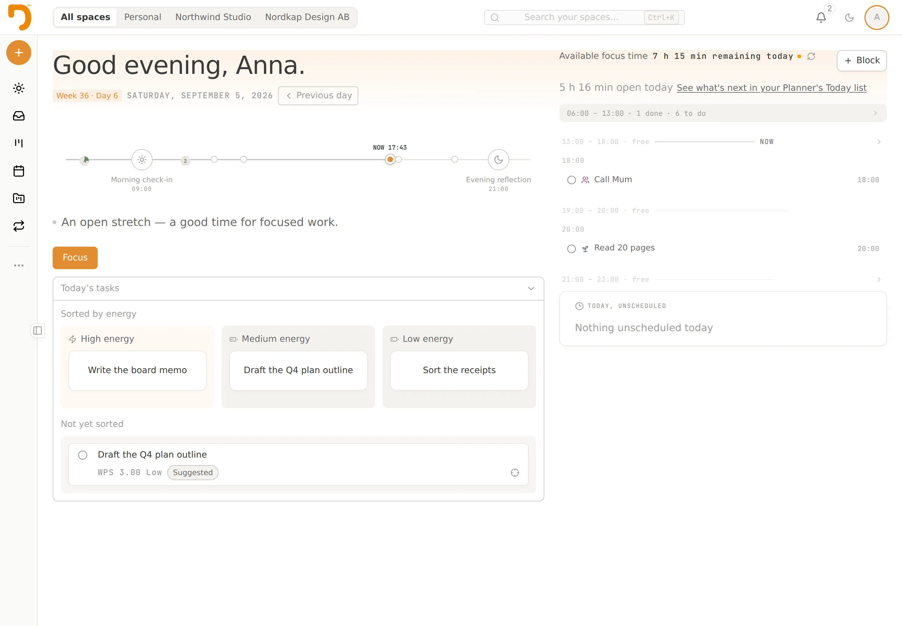 The Today view in my.dynalope.com: a morning check-in, the day-strip timeline, tasks sorted by energy and the available focus time.