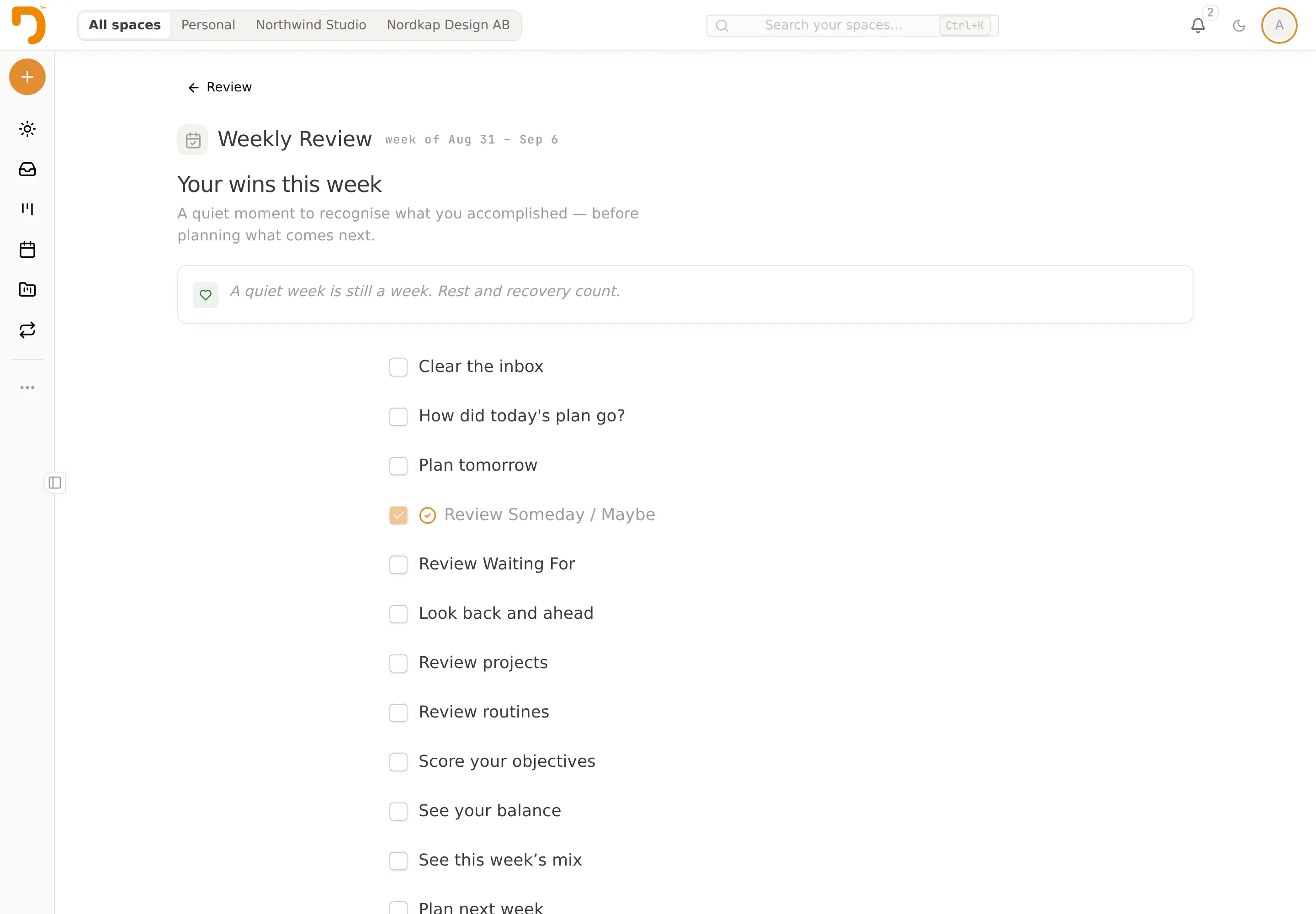 The weekly review in my.dynalope.com: the week’s wins, the Life Balance Mirror and the plan for next week.
