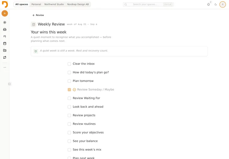 The Weekly Review in my.dynalope.com, the moment partners teach first: your wins, then the week ahead.